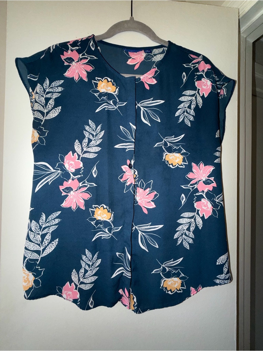 Apt 9 Blue Floral Cap-Sleeve Blouse with Pink & Yellow Flowers - Small